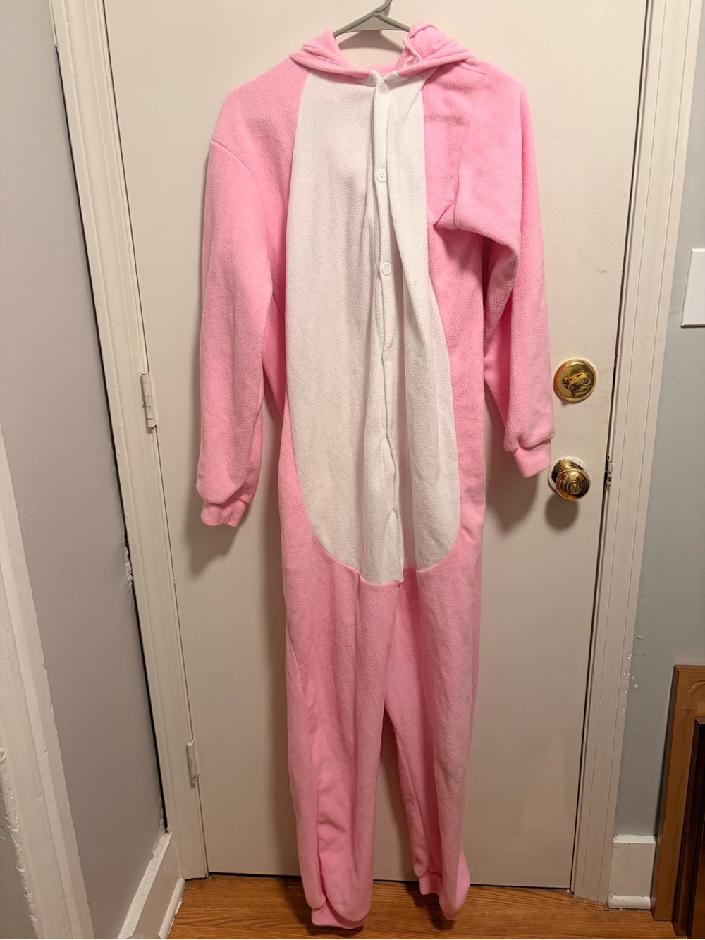 Pink Hooded adults One-Piece Pajamas with White Front Panel